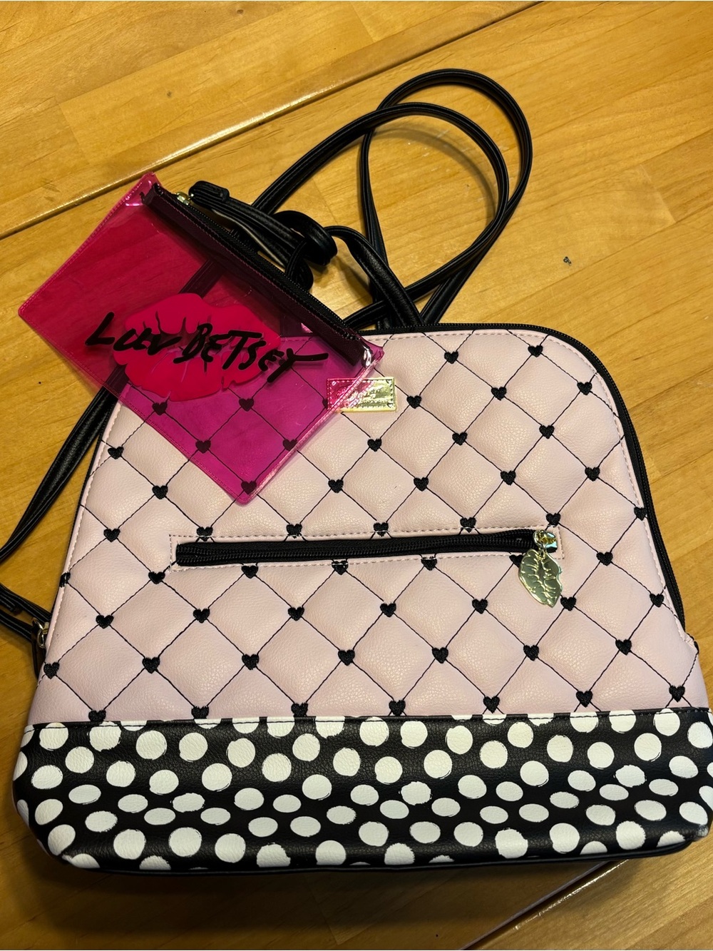Betsey Johnson Pink Quilted Polka Dot Backpack